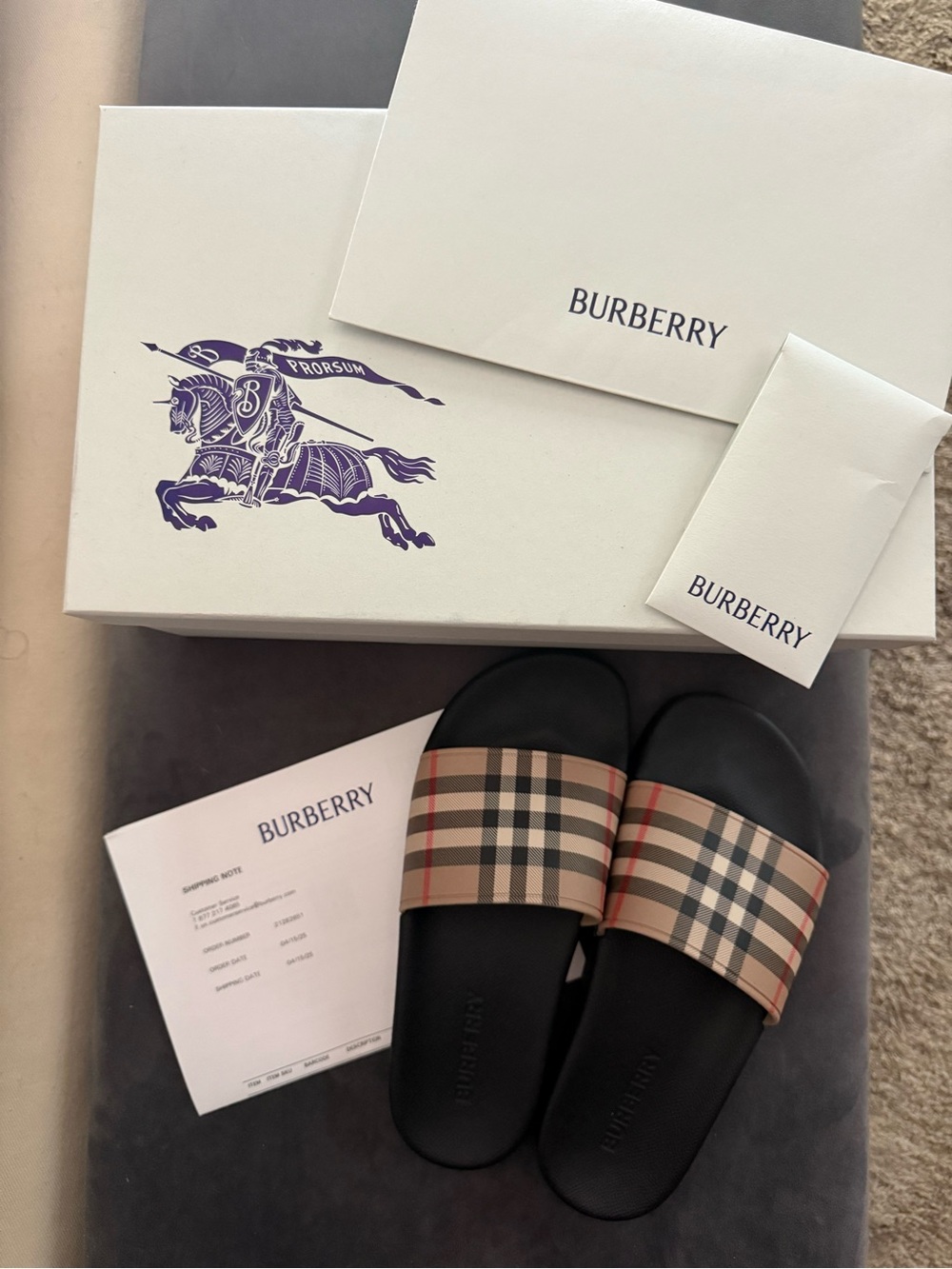 Burberry Beige Vintage Check Slide Sandals with Black Footbed